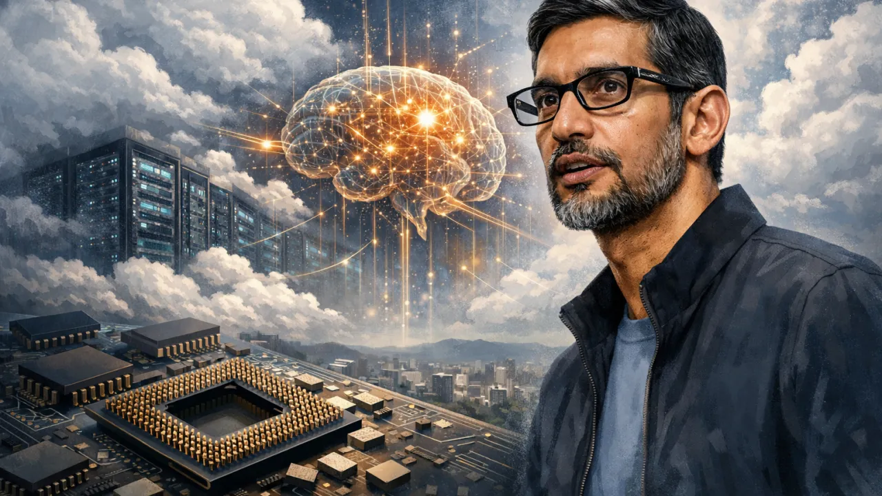 Portrait of Sundar Pichai discussing AI and cloud infrastructure challenges at Google