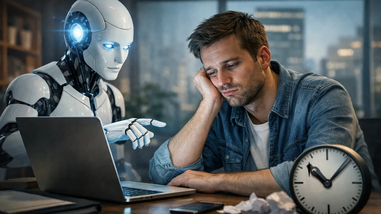 Illustration of a person losing motivation while interacting with AI assistance