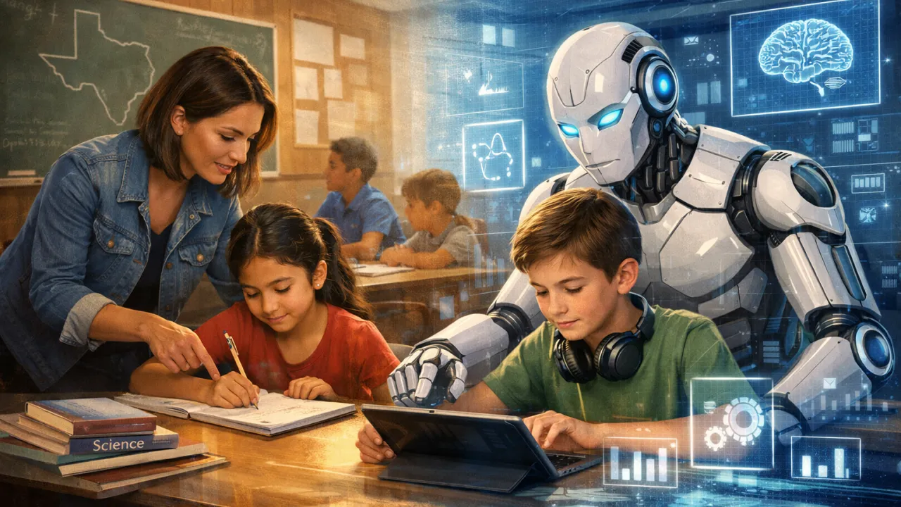 Students and teachers in a Texas classroom discussing the use of AI technology